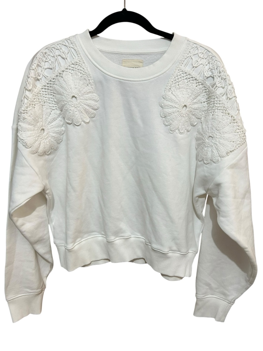 American Eagle Outfitters White Crochet-Trim Crewneck Sweatshirt Size Medium